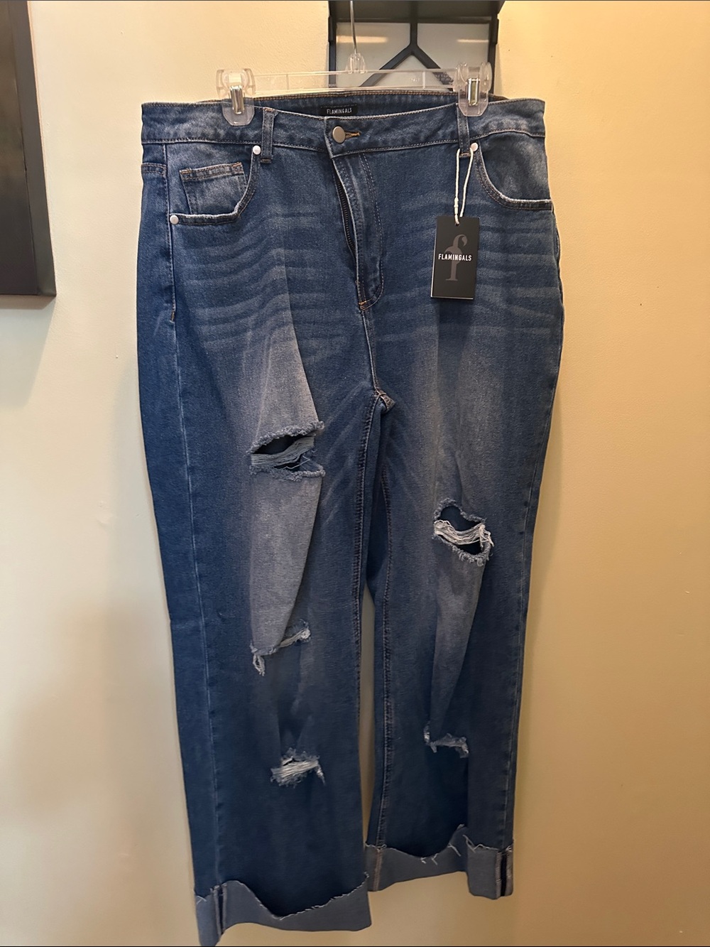 Flamingals Women's Distressed wide Leg Jeans — Dark Blue